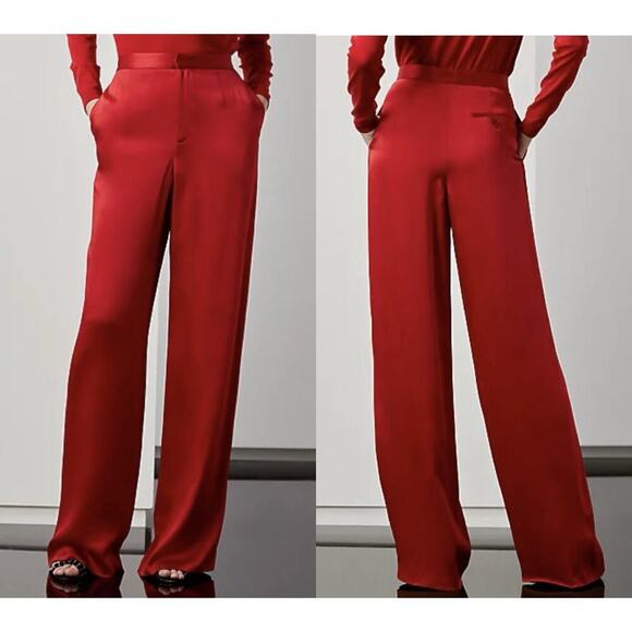 Ralph Lauren Collection Purple Label Satin Wide-Leg Pant 2 Red High Rise Trouser - Picture 1 of 11